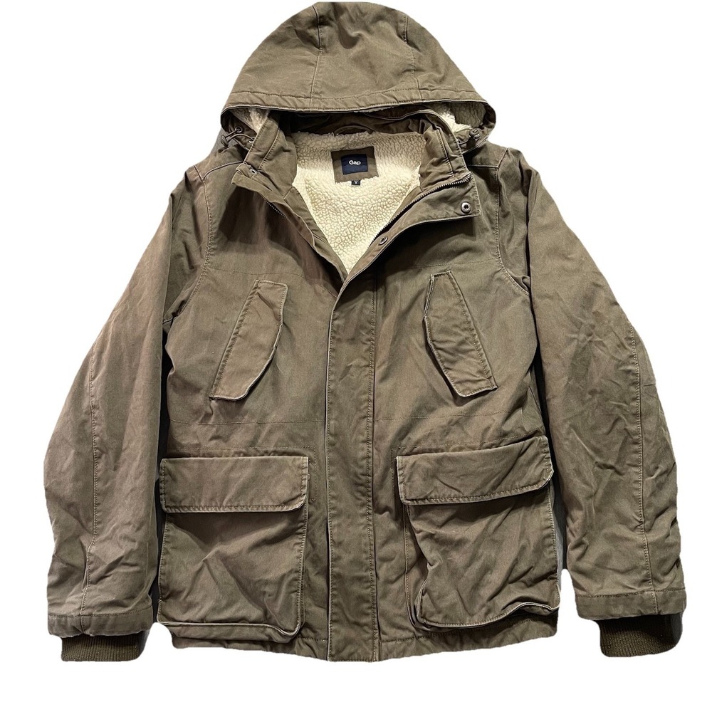 Gap Mens Jacket M Olive Green Sherpa Lined Hooded Utility Parka Canvas Military